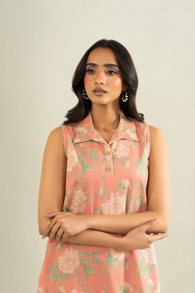 Peach Printed Cambric 2 Piece Unstitched Suit