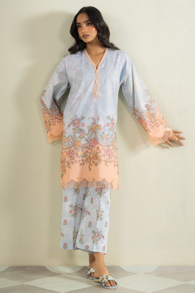 Light Blue Printed Cambric 2 Piece Unstitched Suit