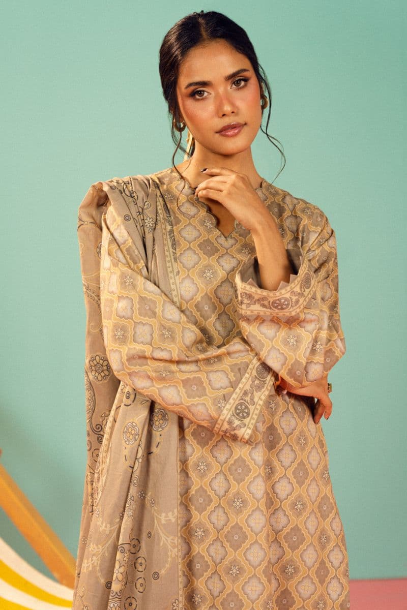Beige Printed Lawn 3 Piece Unstitched Suit thumbnail