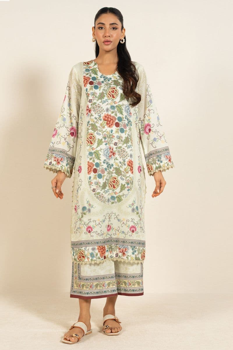 Cream Printed Lawn 2 Piece Unstitched Suit