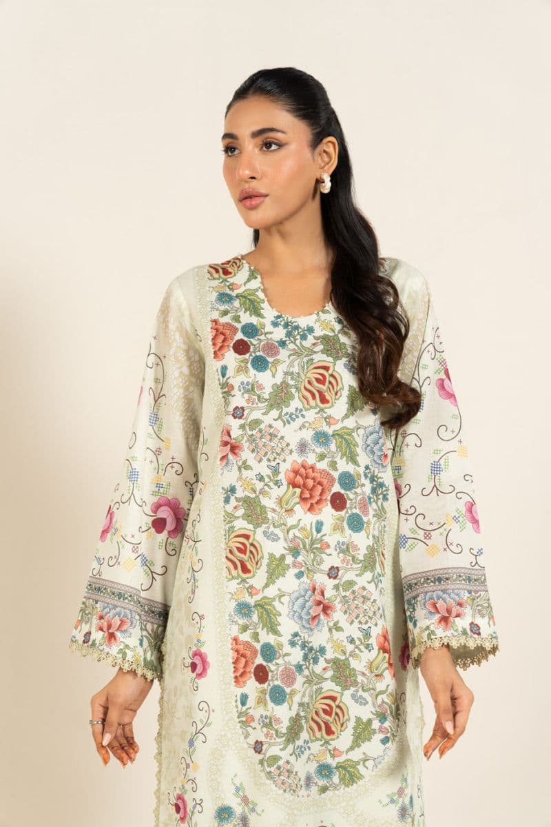 Cream Printed Lawn 2 Piece Unstitched Suit