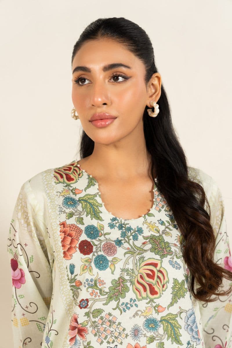 Cream Printed Lawn 2 Piece Unstitched Suit