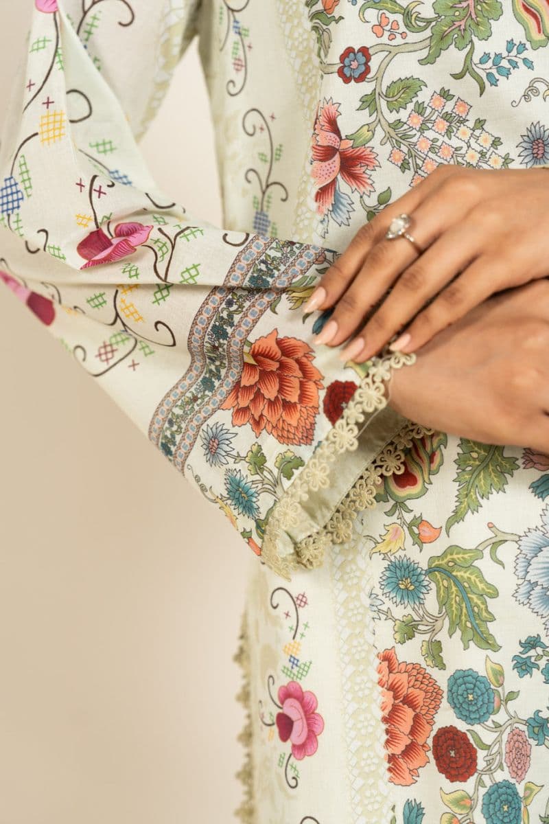 Cream Printed Lawn 2 Piece Unstitched Suit