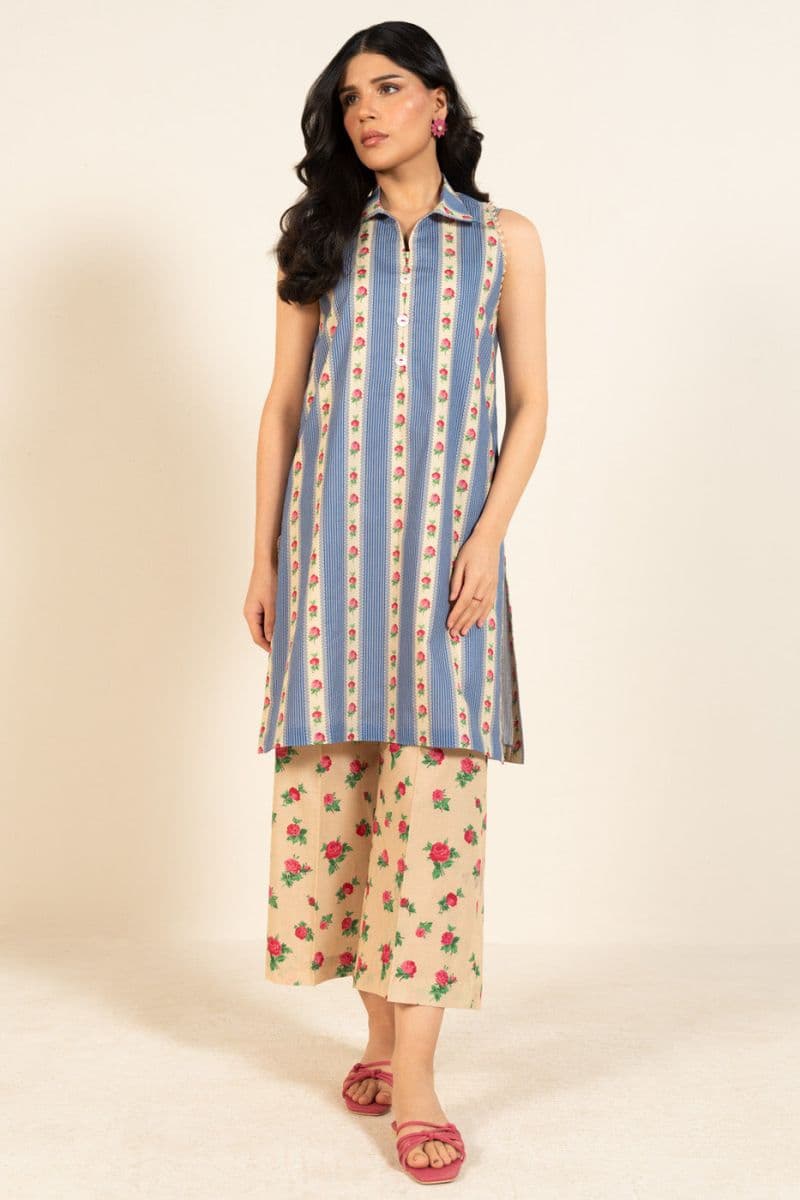 Cream Printed Lawn 2 Piece Unstitched Suit