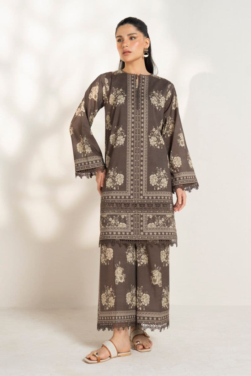 Brown Printed Lawn 2 Piece Unstitched Suit