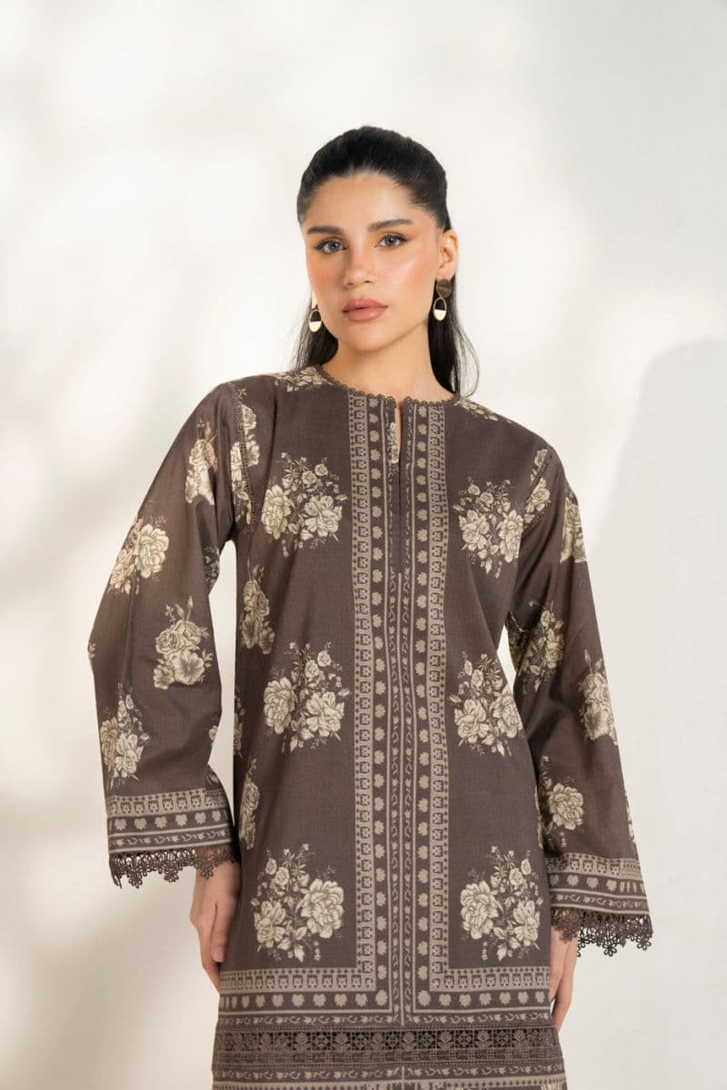 Brown Printed Lawn 2 Piece Unstitched Suit