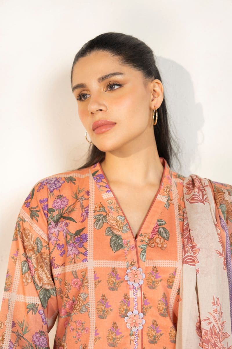 Peach Printed Lawn 3 Piece Unstitched Suit