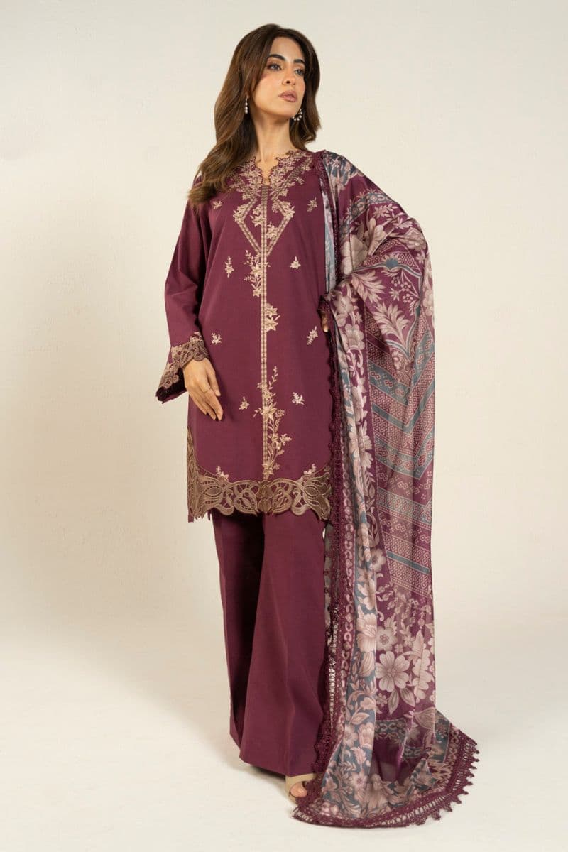 Burgundy Embroidered Lawn 3 Piece Unstitched Suit
