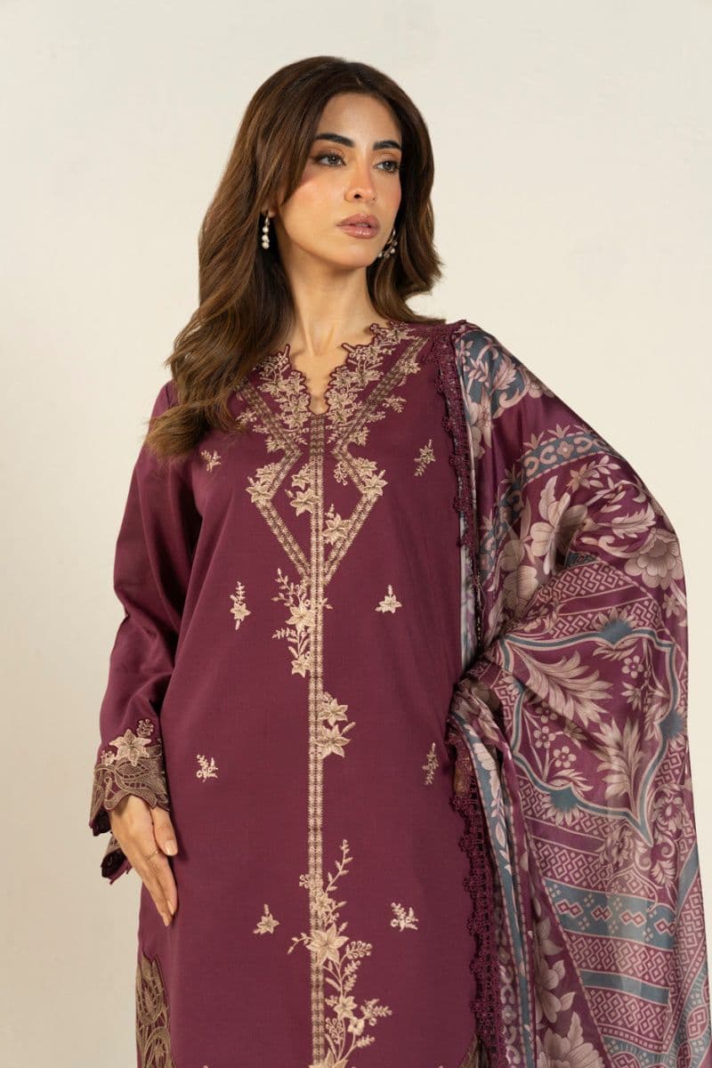 Burgundy Embroidered Lawn 3 Piece Unstitched Suit