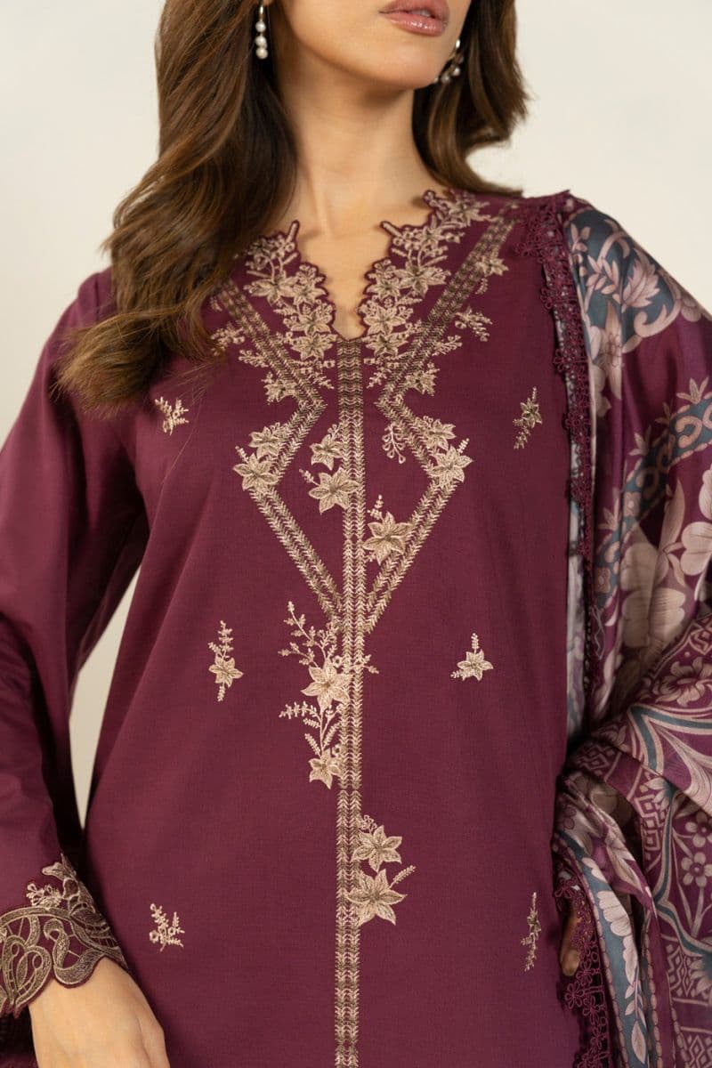 Burgundy Embroidered Lawn 3 Piece Unstitched Suit