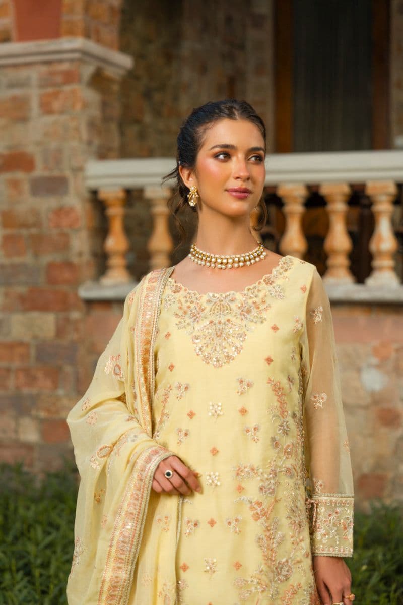 Butter Yellow Embroidered Organza 3 Piece Unstitched Suit thumbnail