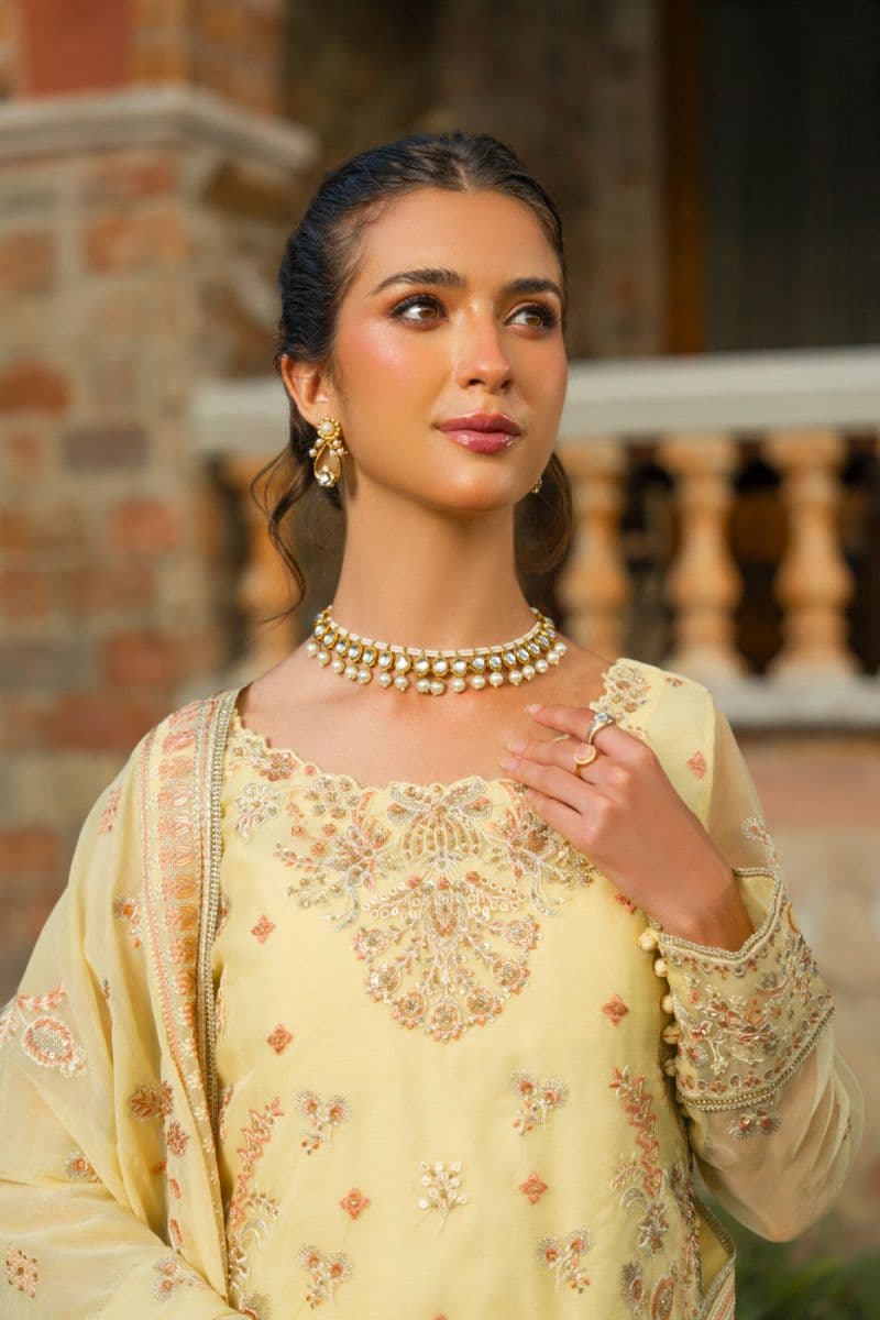 Butter Yellow Embroidered Organza 3 Piece Unstitched Suit thumbnail
