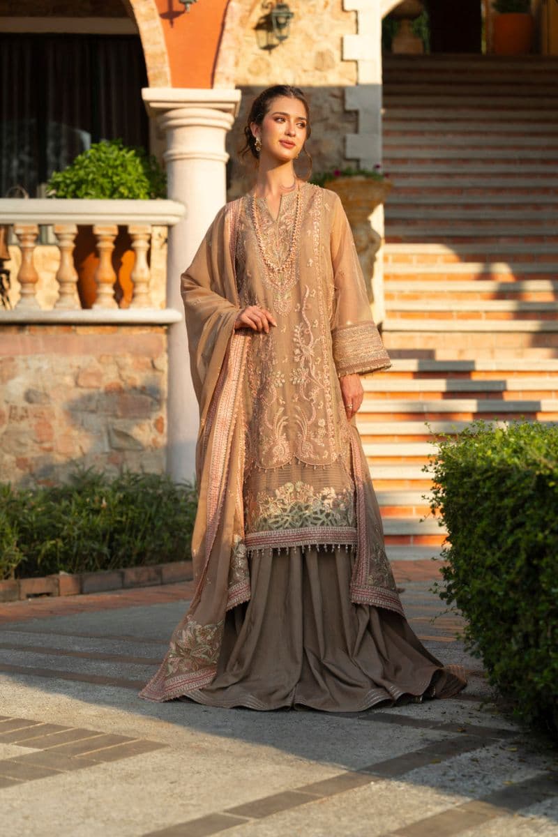 Sand Brown Embroidered Organza 3 Piece Unstitched Suit