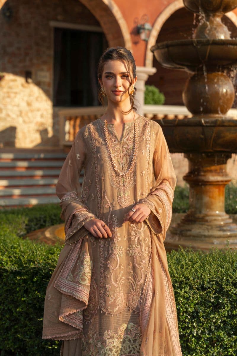 Sand Brown Embroidered Organza 3 Piece Unstitched Suit
