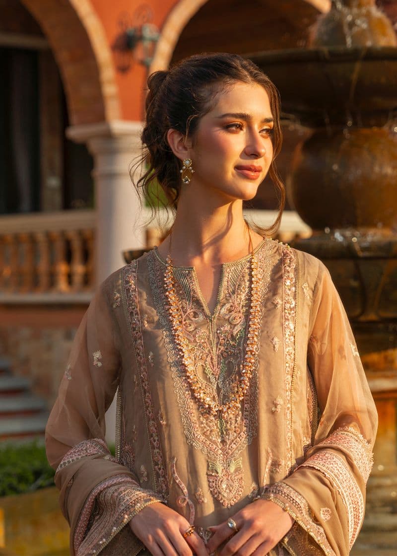 Sand Brown Embroidered Organza 3 Piece Unstitched Suit