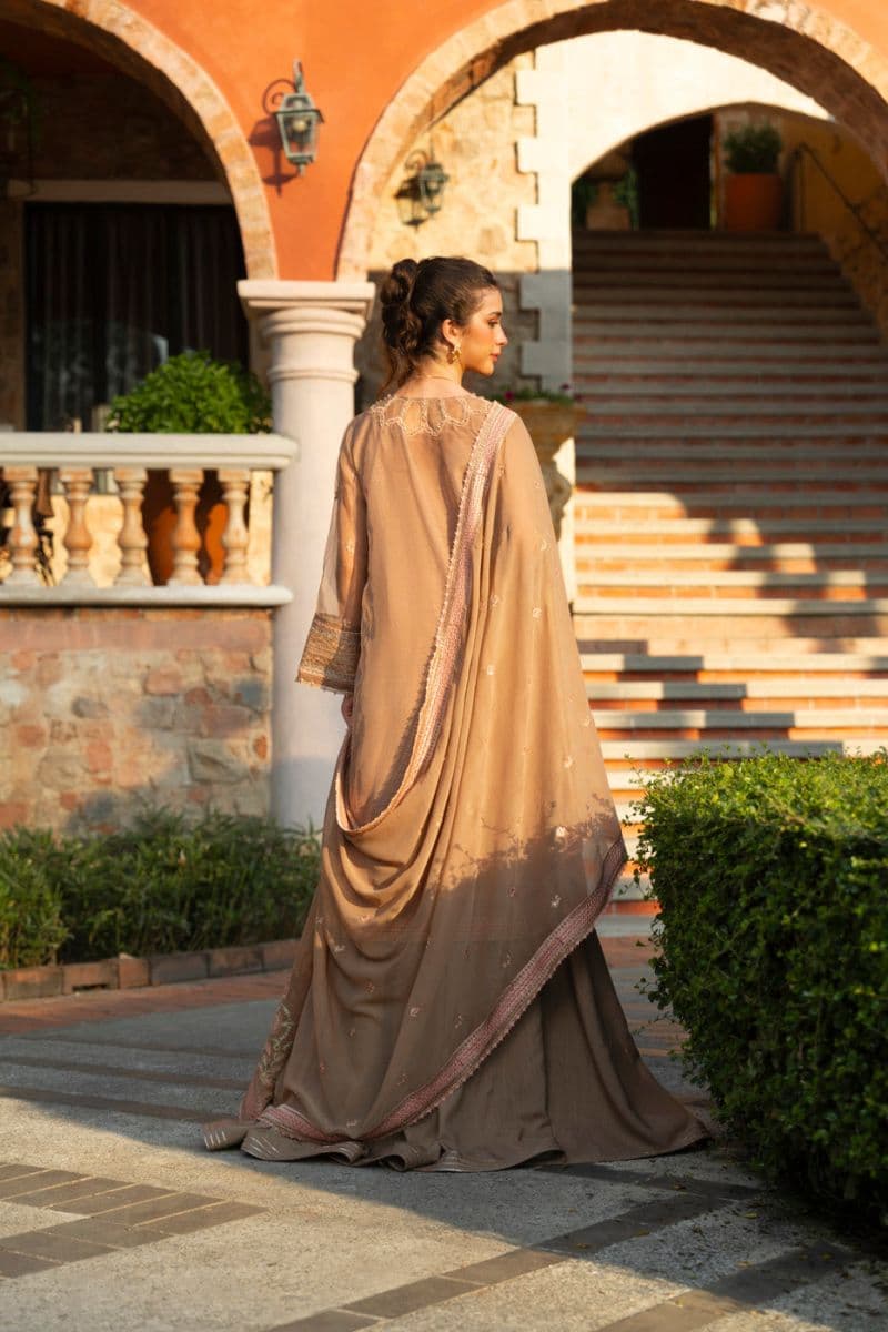 Sand Brown Embroidered Organza 3 Piece Unstitched Suit