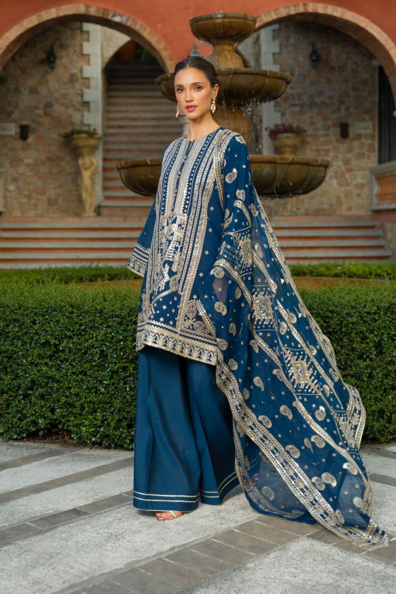 Blue Embroidered Cotton Silk 3 Piece Unstitched Suit thumbnail