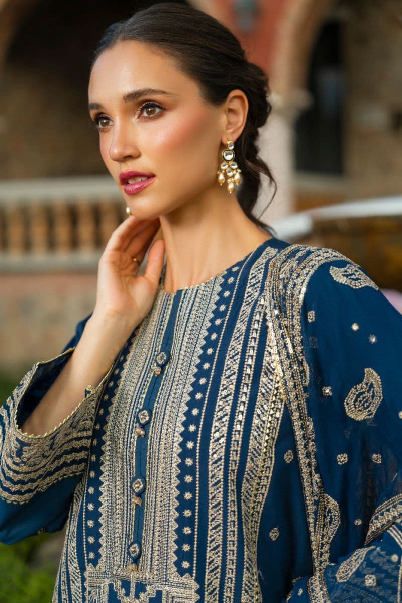 Blue Embroidered Cotton Silk 3 Piece Unstitched Suit thumbnail