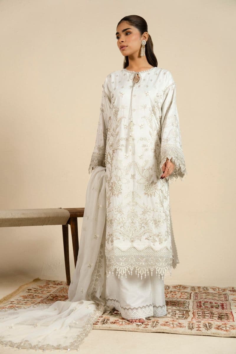 White Embroidered Cotton Silk 3 Piece Unstitched Suit