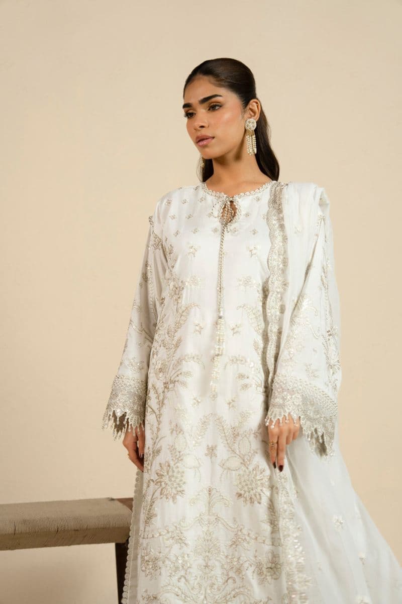 White Embroidered Cotton Silk 3 Piece Unstitched Suit