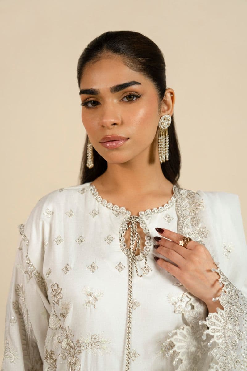 White Embroidered Cotton Silk 3 Piece Unstitched Suit