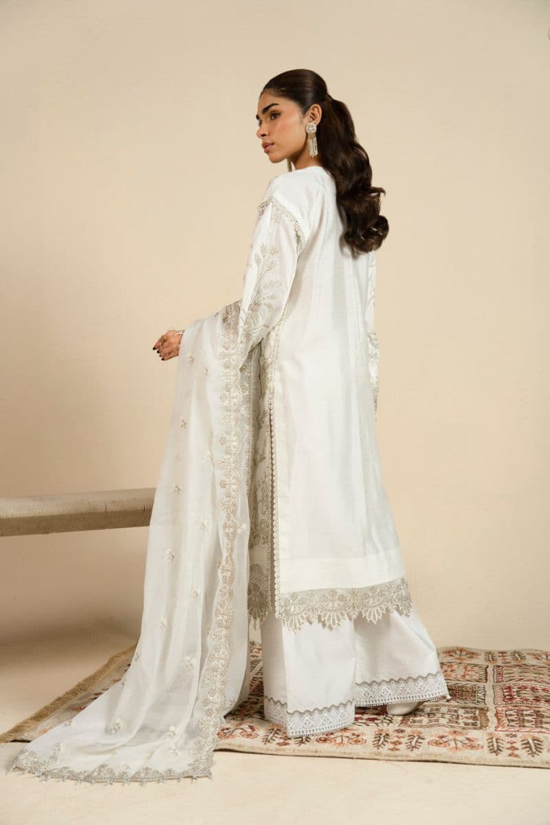 White Embroidered Cotton Silk 3 Piece Unstitched Suit