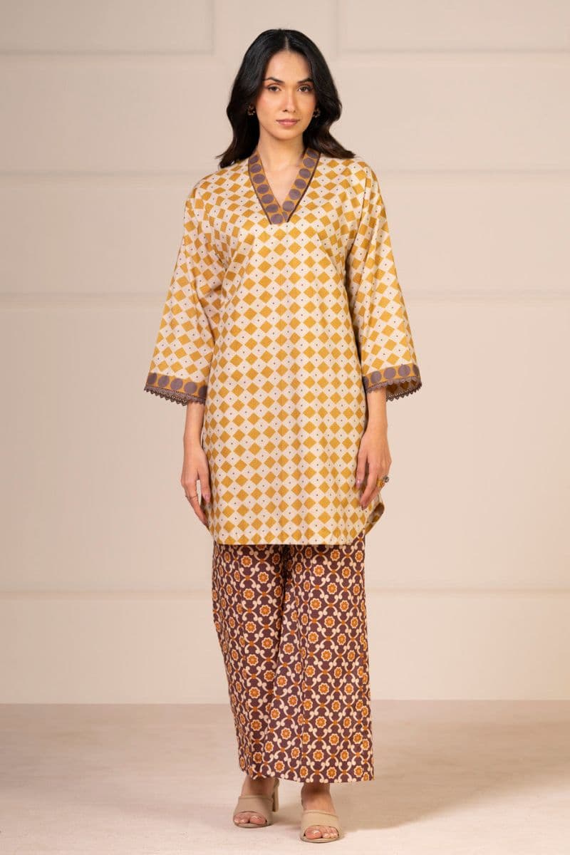 Beige Printed Lawn 2 Piece Unstitched Suit