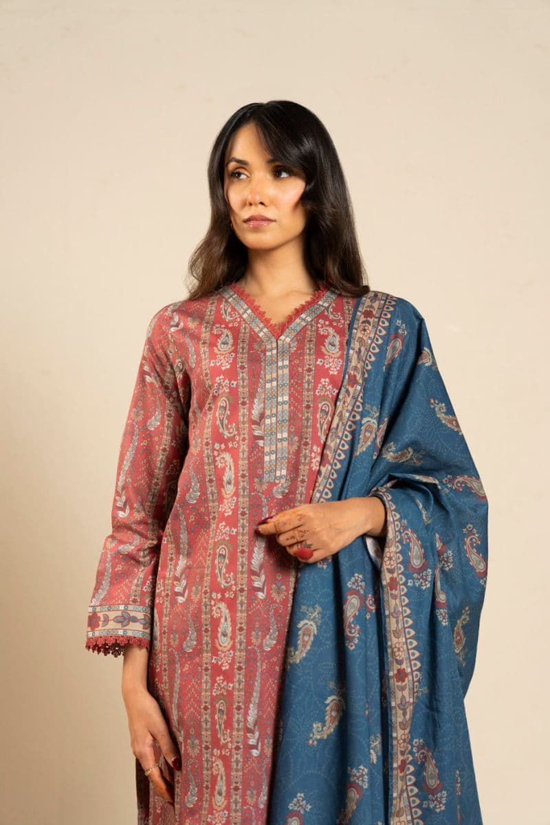 Red Printed Lawn 3 Piece Unstitched Suit thumbnail