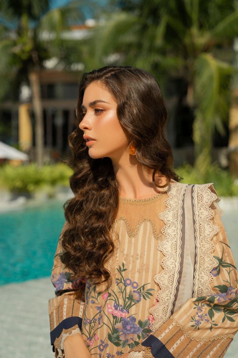 Beige Printed Lawn 3 Piece Unstitched Suit