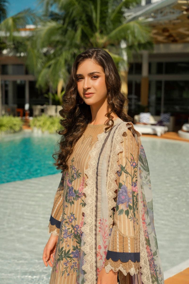 Beige Printed Lawn 3 Piece Unstitched Suit