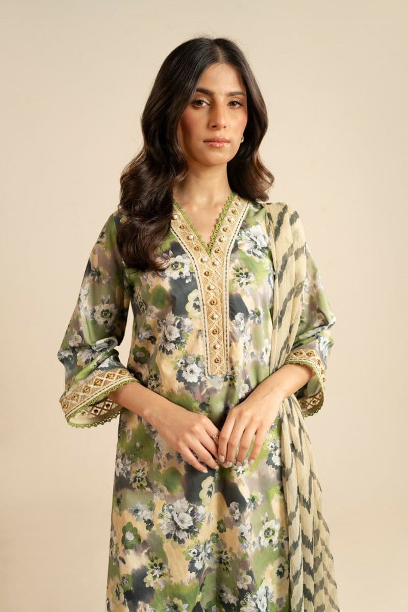 Olive Green Printed Lawn 3 Piece Unstitched Suit thumbnail
