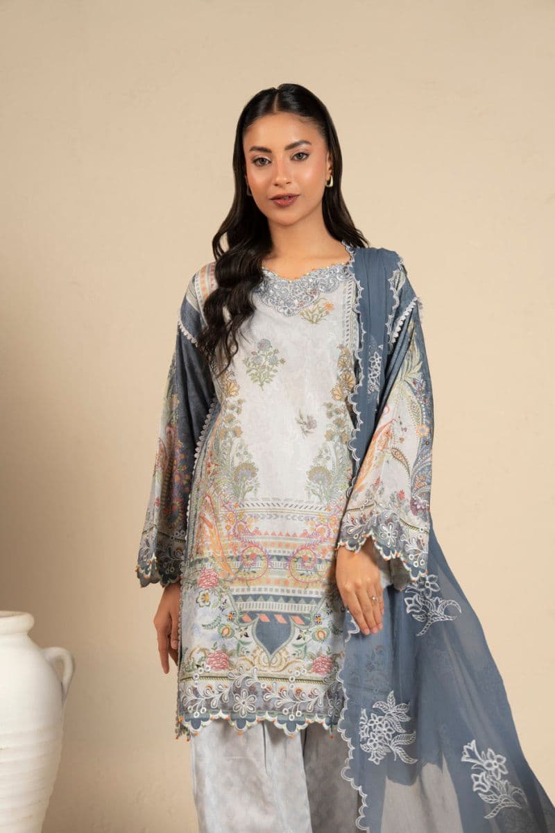 Grey Embroidered Cotton Filament 3 Piece Unstitched Suit thumbnail