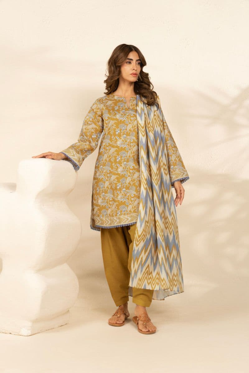 Brown Printed Cambric 3 Piece Unstitched Suit thumbnail