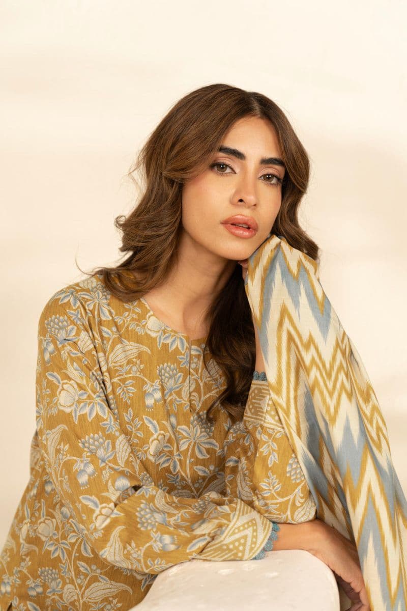 Brown Printed Cambric 3 Piece Unstitched Suit thumbnail
