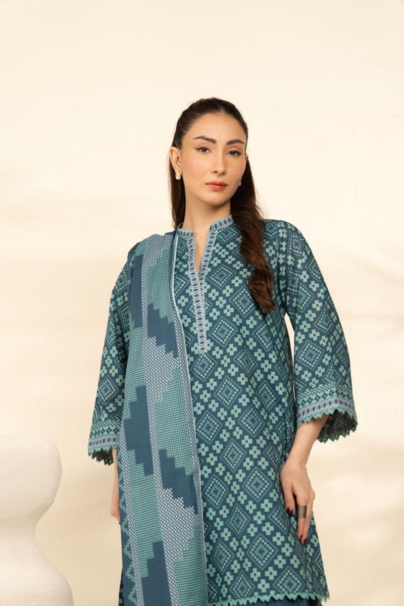Blue Printed Cambric 3 Piece Unstitched Suit thumbnail
