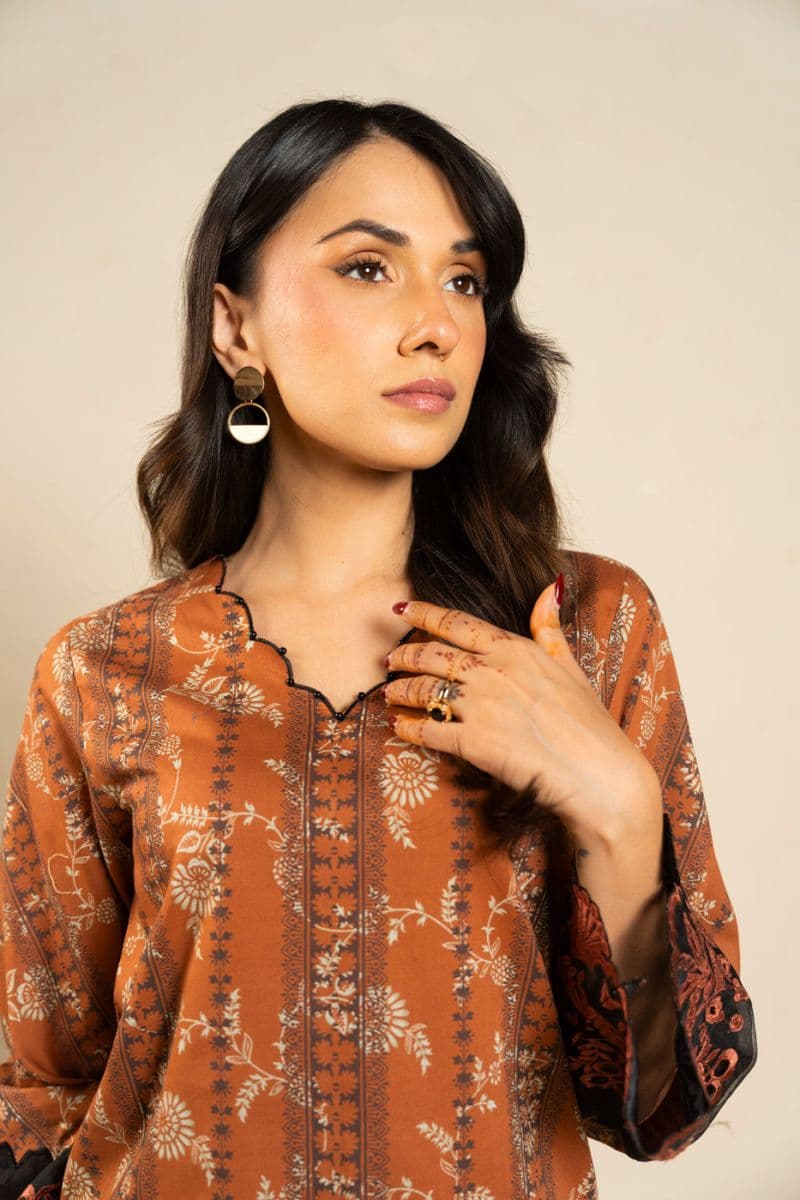Brown Embroidered Lawn 2 Piece Unstitched Suit