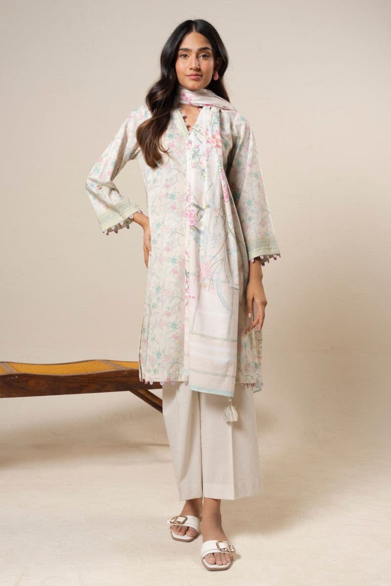 Cream Printed Lawn Dupatta