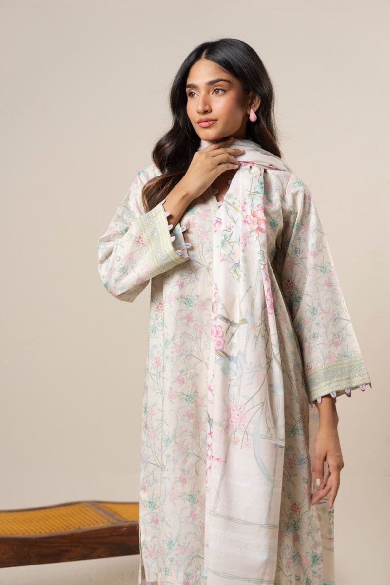 Cream Printed Lawn Dupatta