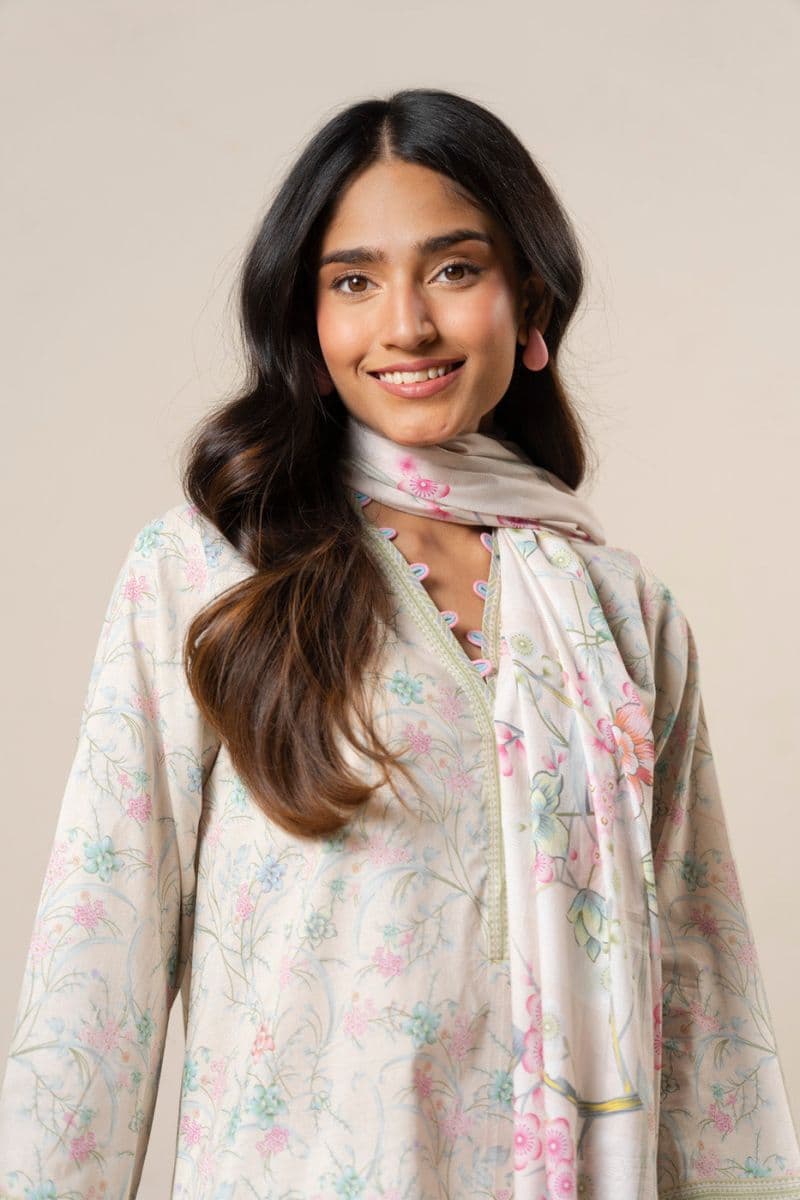 Cream Printed Lawn Dupatta