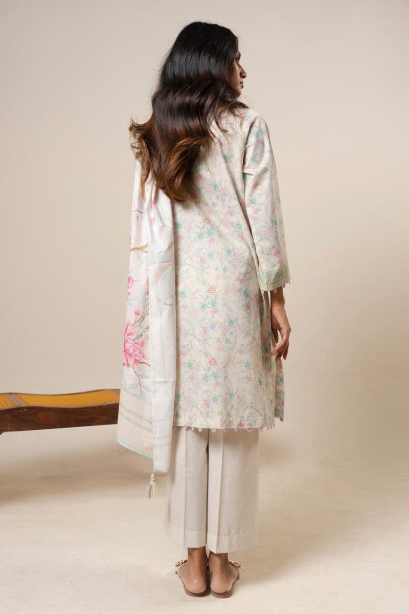 Cream Printed Lawn Dupatta