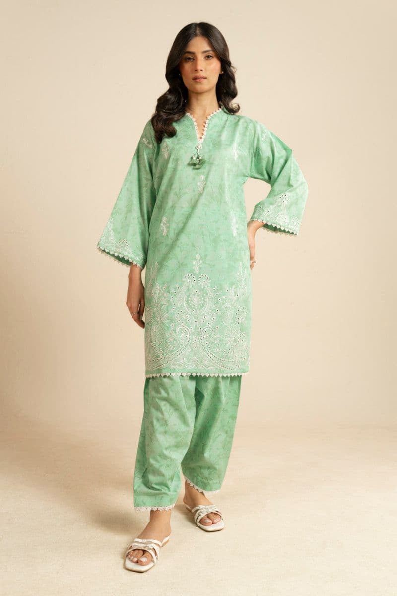 Light Green Embroidered Printed Dobby Lawn 2 Piece Unstitched Suit
