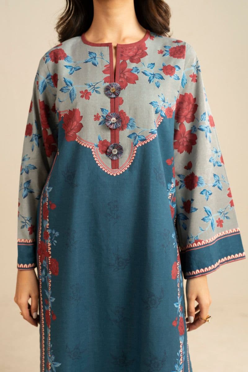 Teal Printed Dobby 3 Piece Unstitched Suit thumbnail