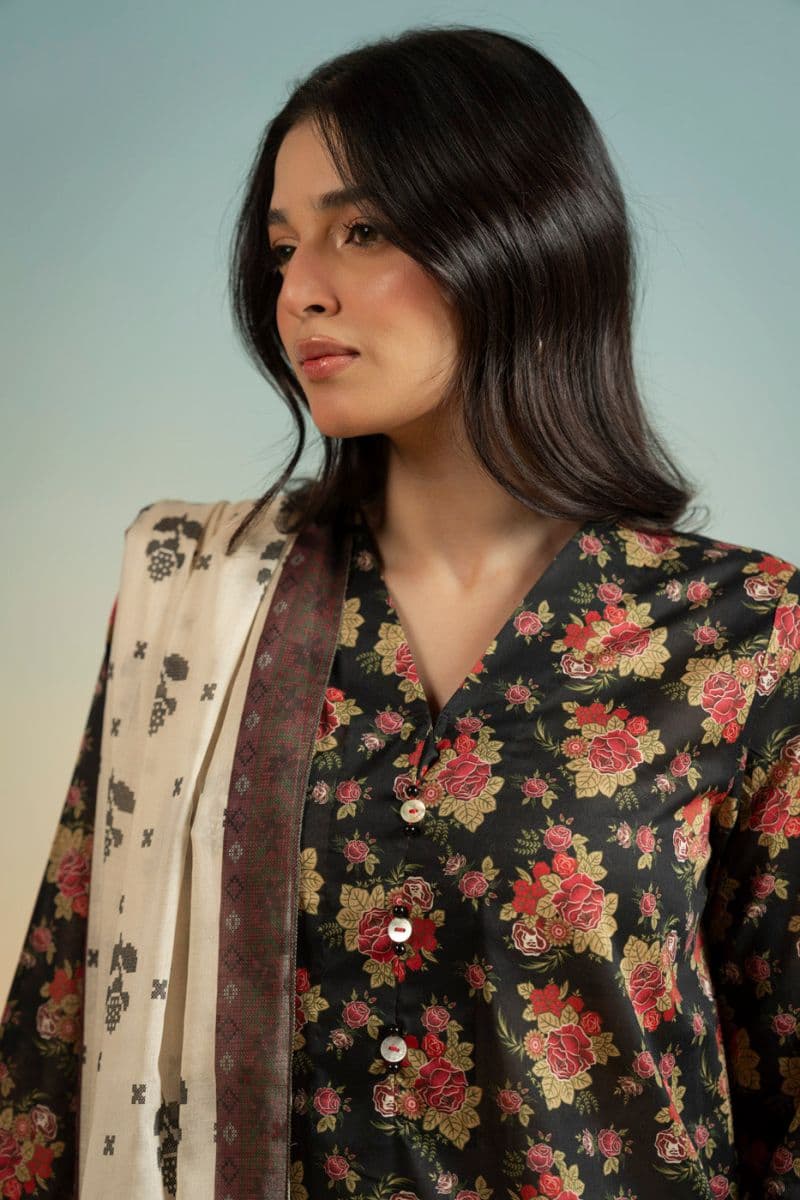 Black Printed Lawn 3 Piece Unstitched Suit thumbnail