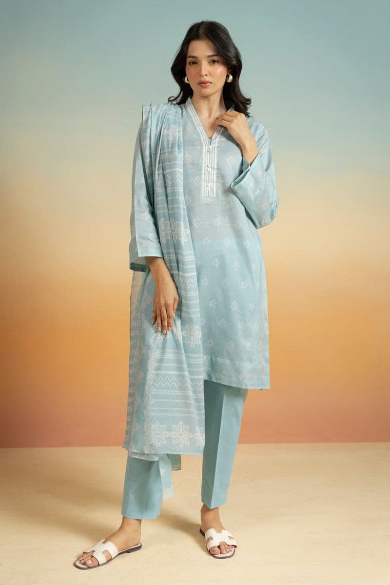 Blue Printed Lawn 3 Piece Unstitched Suit