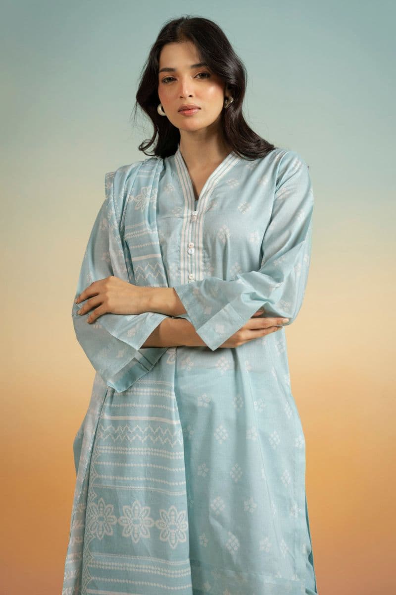 Blue Printed Lawn 3 Piece Unstitched Suit