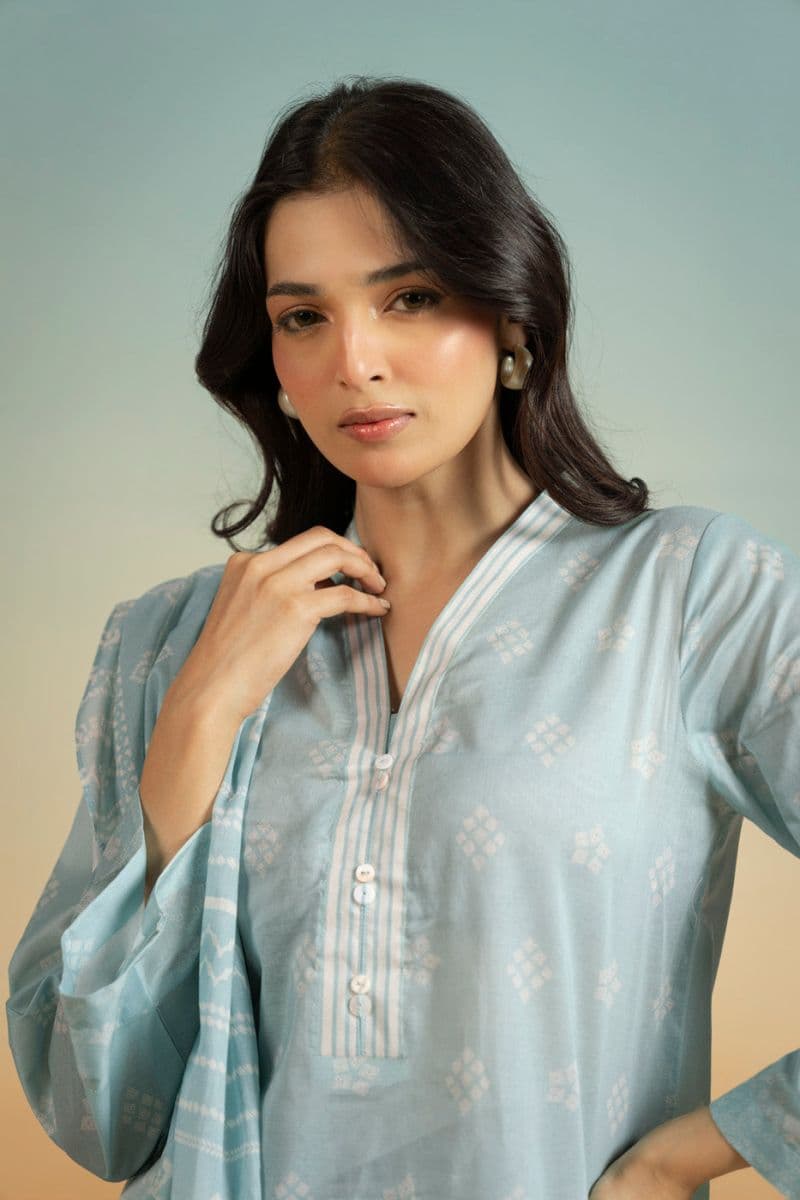Blue Printed Lawn 3 Piece Unstitched Suit