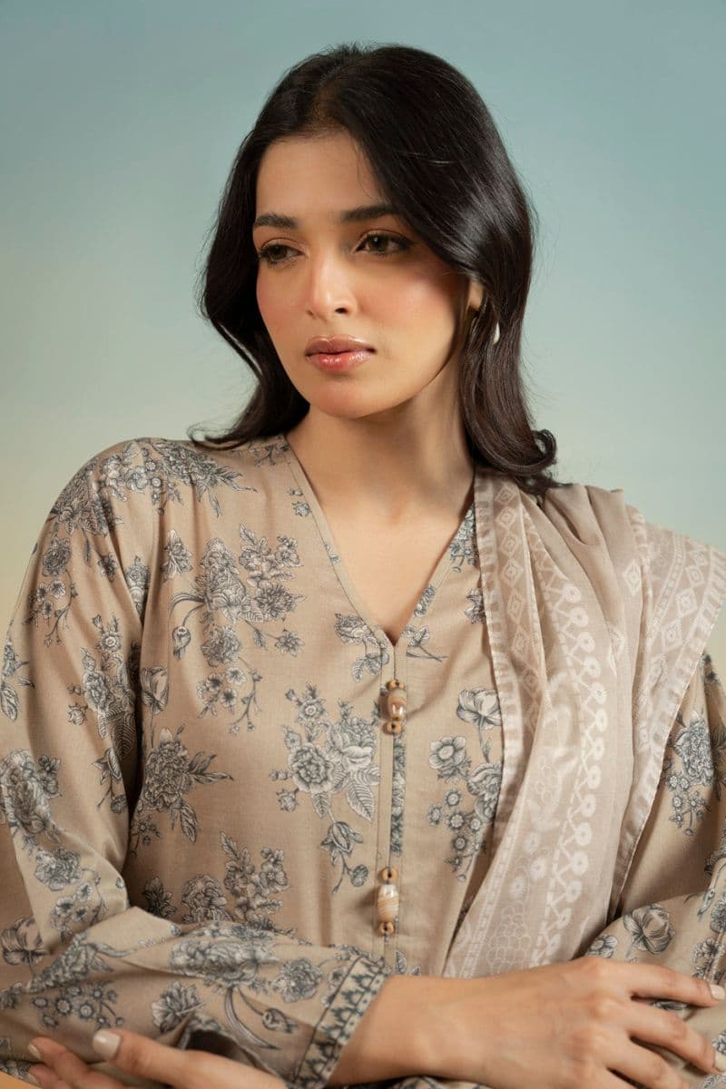 Beige Printed Lawn 3 Piece Unstitched Suit thumbnail