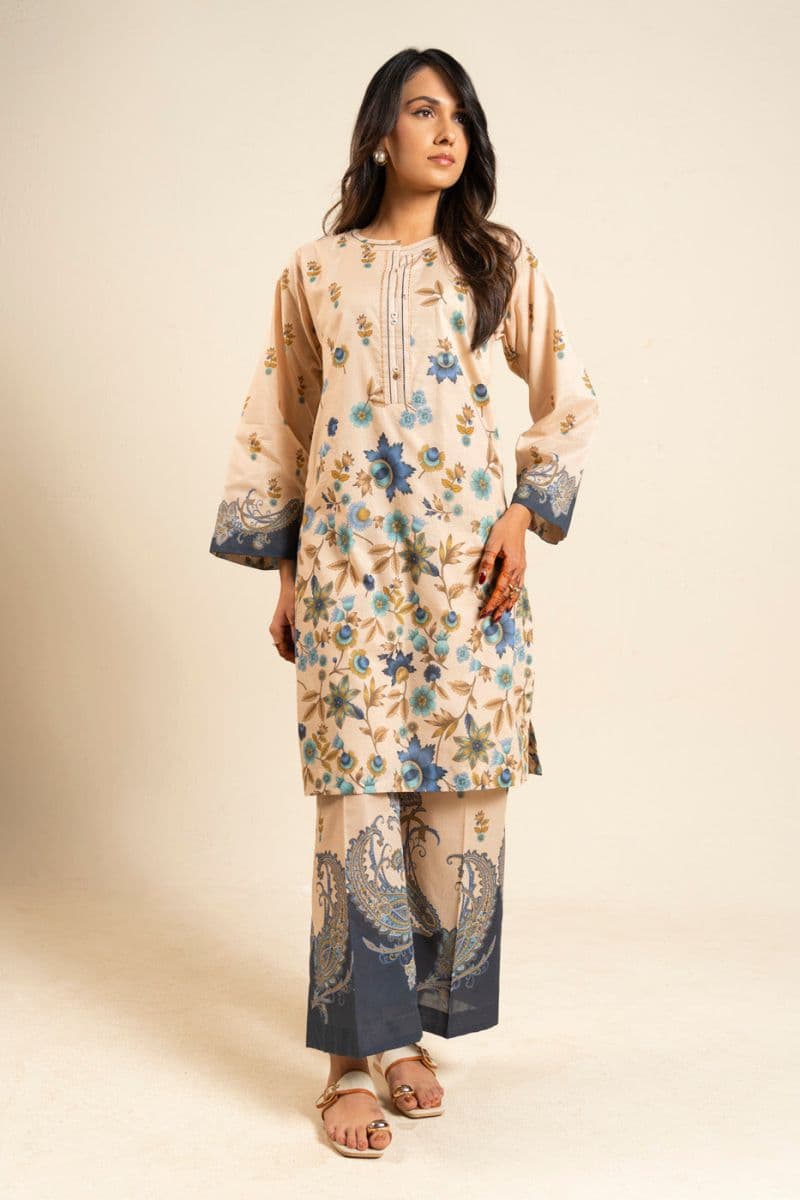 Beige Printed Lawn 2 Piece Unstitched Suit