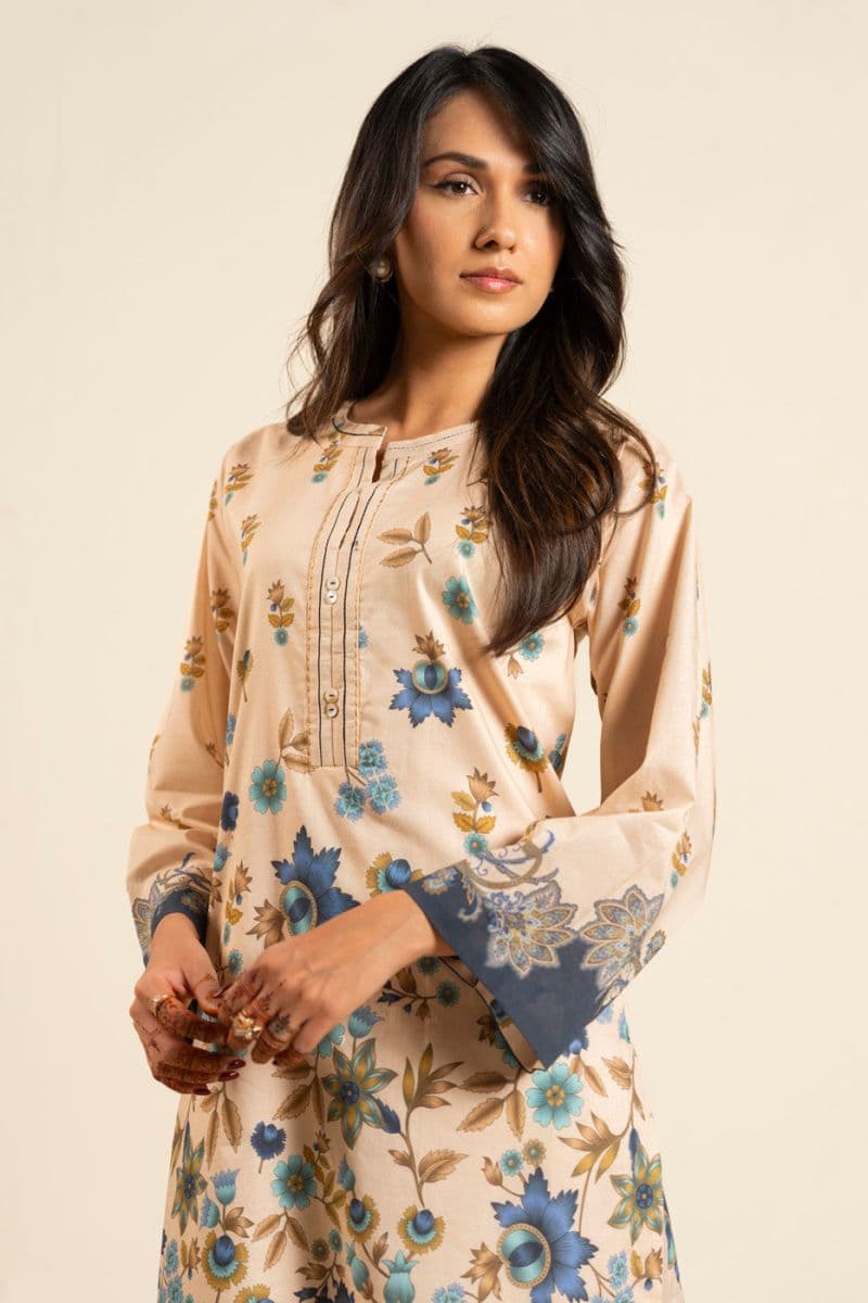 Beige Printed Lawn 2 Piece Unstitched Suit