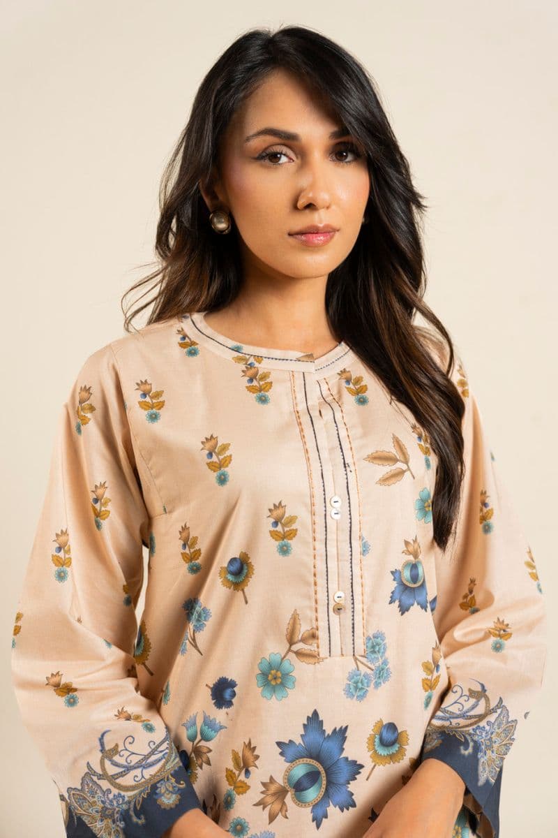 Beige Printed Lawn 2 Piece Unstitched Suit